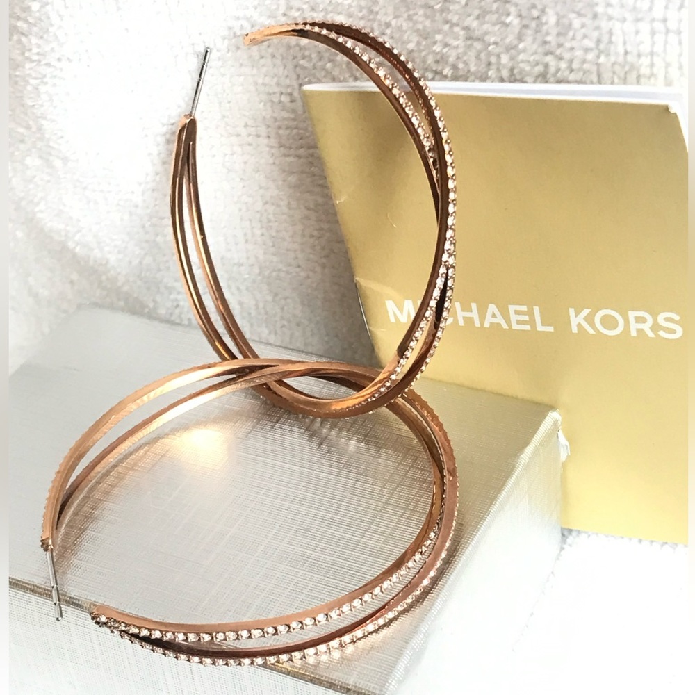 Michael Kors 2.25” hoop earrings with pave crystals in rose tone setting.